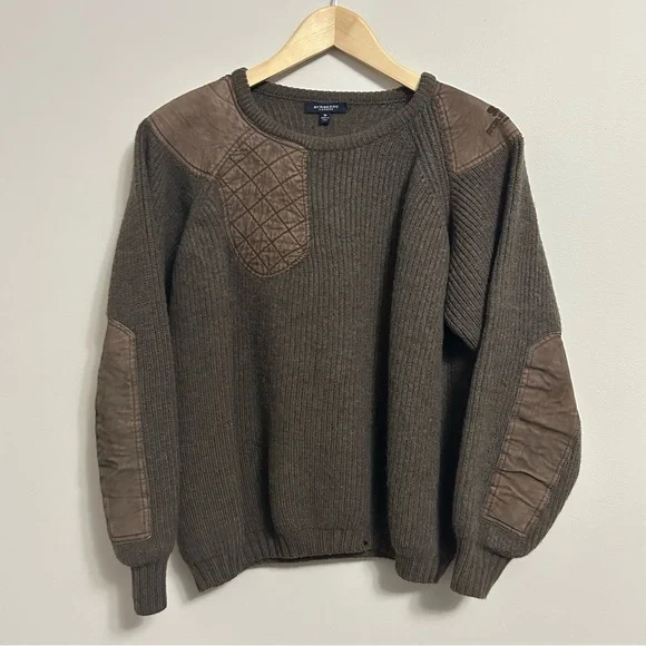 90s Vintage Burberry London Women’s Pullover Wool Leather Knit Sweater  Medium